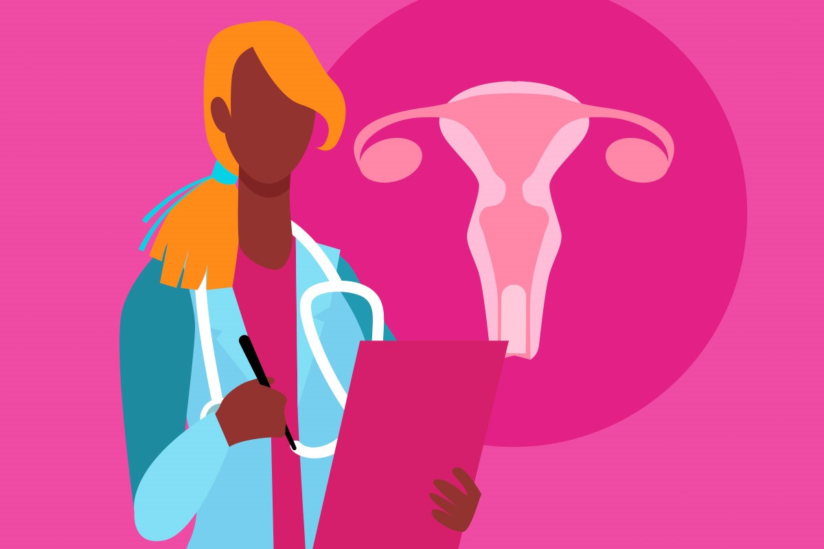 desenho de uma médica ao lado de uma figura do sistema reprodutor feminino