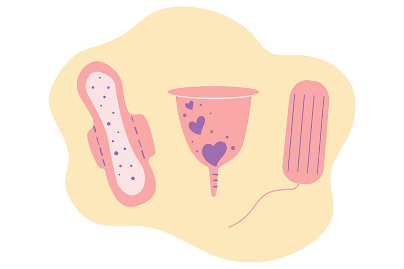 desenho de um absorvente externo, interno e um copo menstrual