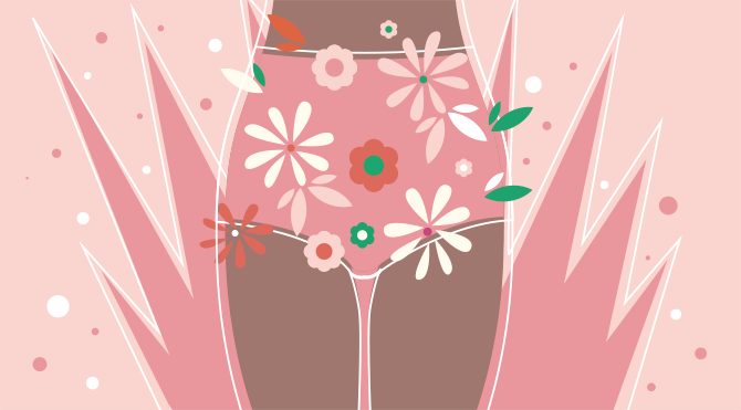 desenho da parte do quadril de uma mulher, com flores na parte da calcinha