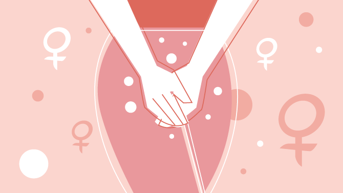 desenho de uma mão sobre a área da vagina, ao lado de alguns simbolos femininos