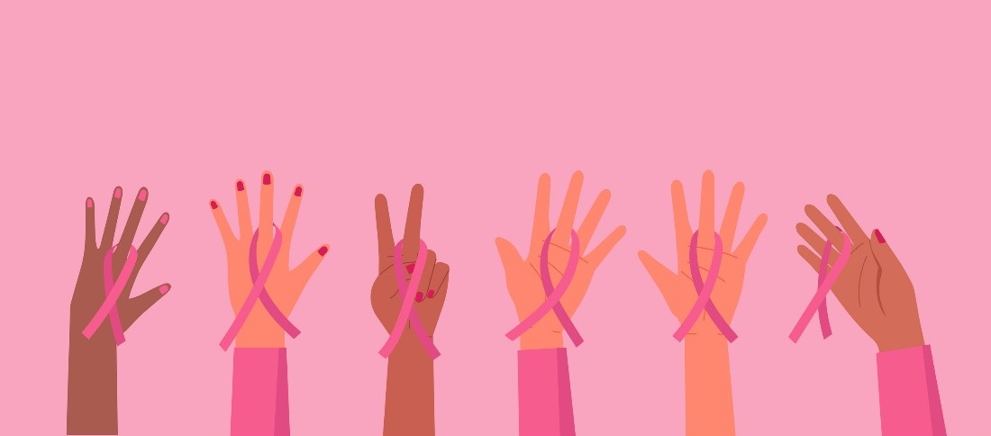 desenho de diferentes mãos femininas fazendo o sinal de paz e segurando uma fita rosa que representa o símbolo do outubro rosa