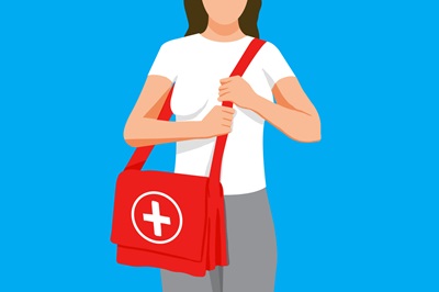 Ilustração de mulher segurando bolsa com kit para menstruação