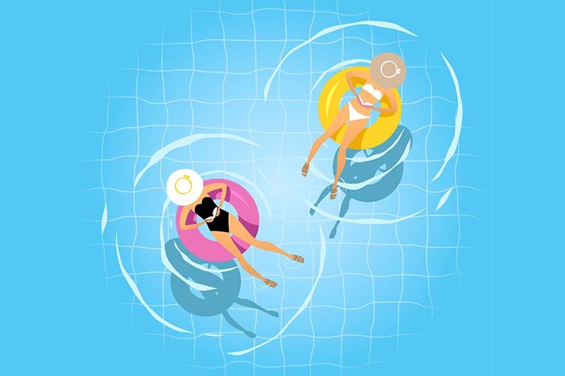 desenho de duas mulheres na piscina boiando deitadas em boias