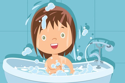 desenho de uma menina tomando banho em uma banheira com espuma