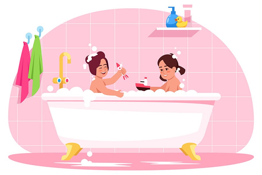 desenho de duas meninas tomando banho em uma banheira com espuma brincando com alguns brinquedos