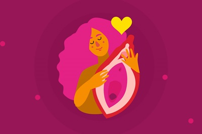 desenho de uma menina segurando uma vulva com um coração entre elas