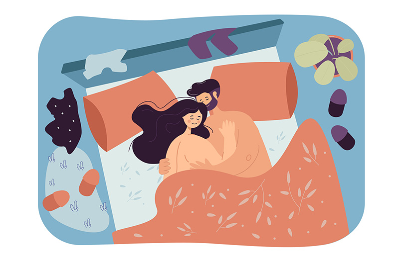 Ilustração de casal de homem e mulher brancos de cabelos escuros abraçados na cama em artigo sobre sangramento após sexo