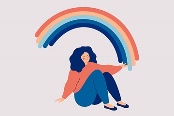 desenho de uma menina sentada com um arco-íris atrás dela