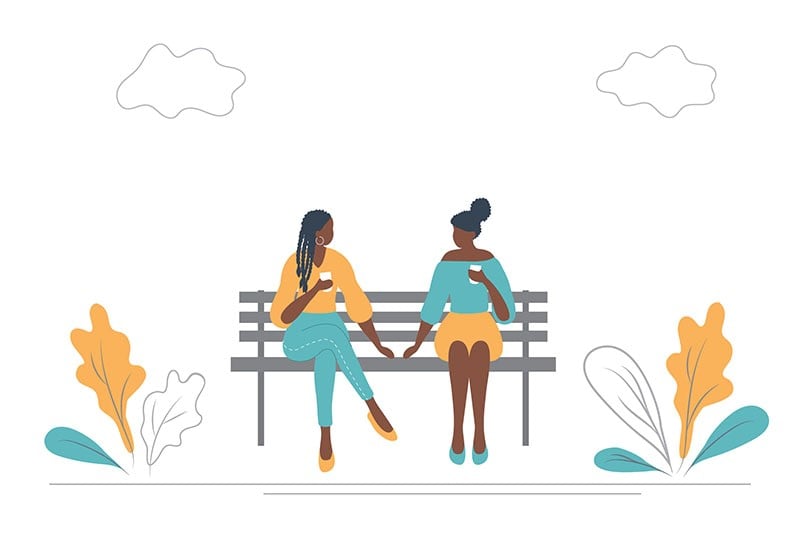 desenho de duas meninas sentadas em um banco conversando