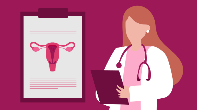desenho de uma médica ao lado de uma figura do sistema reprodutor feminino