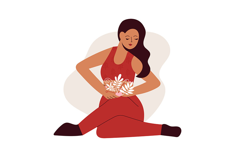 Ilustração de mulher sentada no chão com as pernas cruzadas. Ela segura flores na altura da barriga, veste roupa vermelha e tem cabelos longos e castanhos.