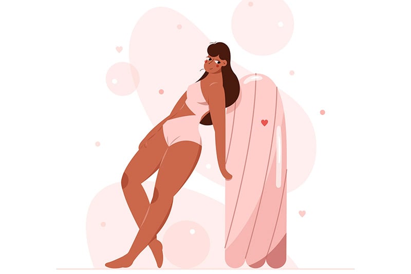 Ilustração de mulher encostada em absorvente interno para ilustrar artigo sobre teste do cotonete para saber se a menstruação vai descer