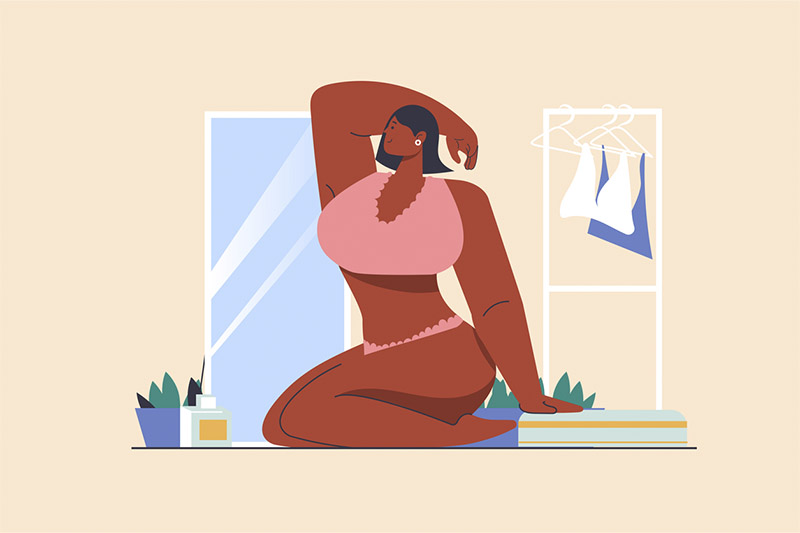 Ilustração de mulher usando roupa íntima em frente ao espelho para artigo sobre tipos de orgasmo feminino