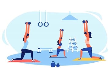desenho de três mulheres fazendo exercícios na academia