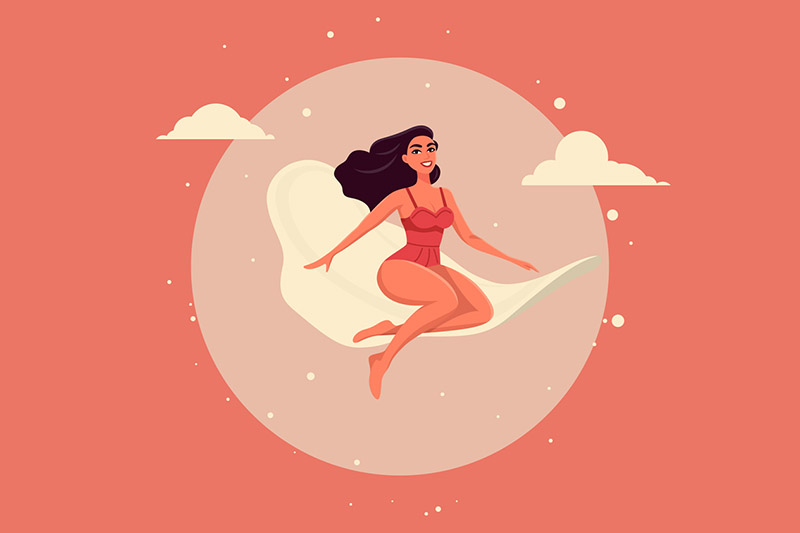 Ilustração de uma mulher sentada sobre um absorvente flutuando em frente a uma lua. Ela tem cabelos escuros e longos, veste um maiô vermelho