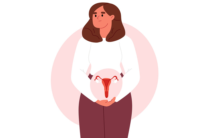 Ilustração de mulher com ícone de sistema reprodutor feminino nas mãos