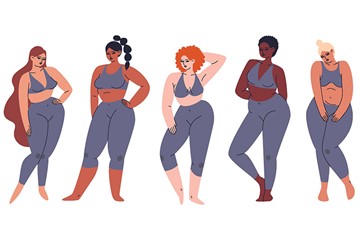 5 mulheres de top e legging, com diferentes características e corpos