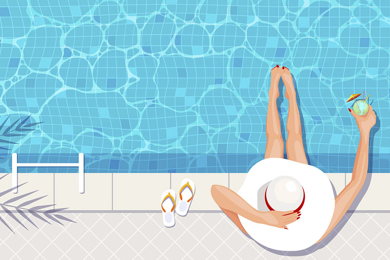 Ilustração de mulher na beira da piscina usando chapéu de sol branco