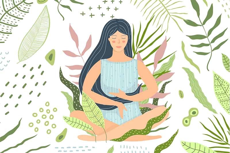desenho de uma menina sentada meditando, e ao redor vários tipos de planta 