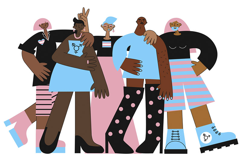 Ilustração de grupo de pessoas que vestem roupas com as cores da bandeira da visibilidade trans