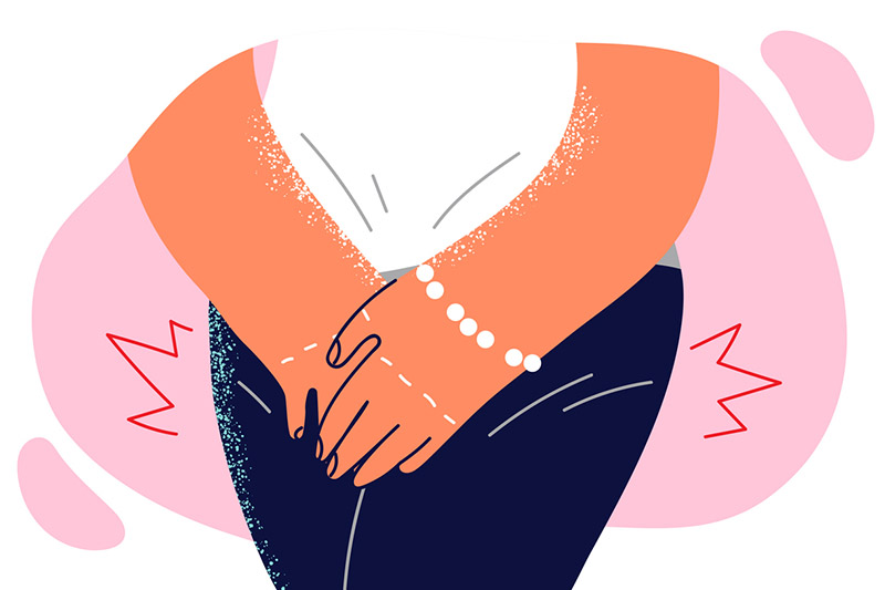 Ilustração de mulher com as mãos obre a região íntima para artigo sobre o que é vulvodínia